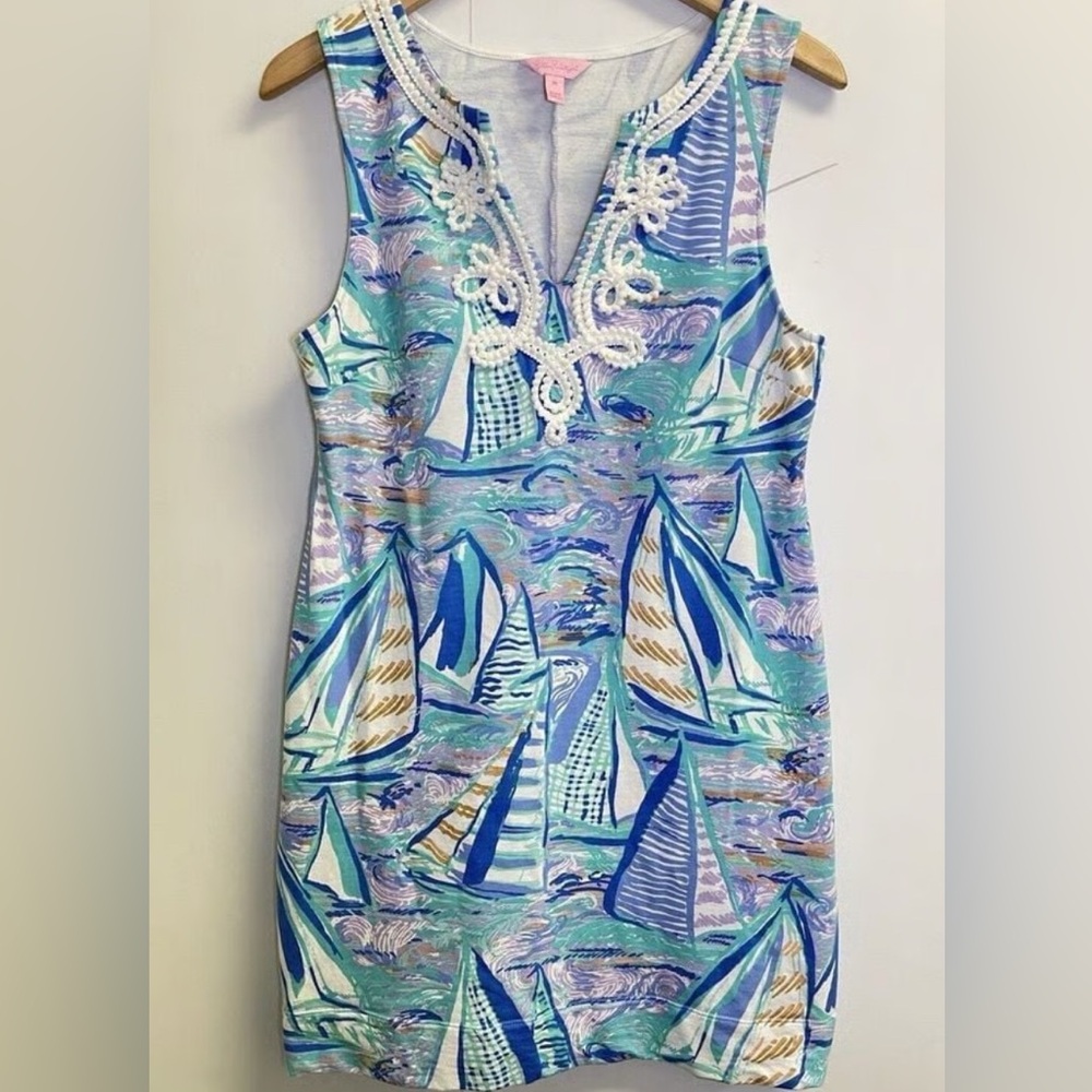Lilly Pulitzer Harper Sailboat Shift Dress Women's M Blue Embellished Stretch